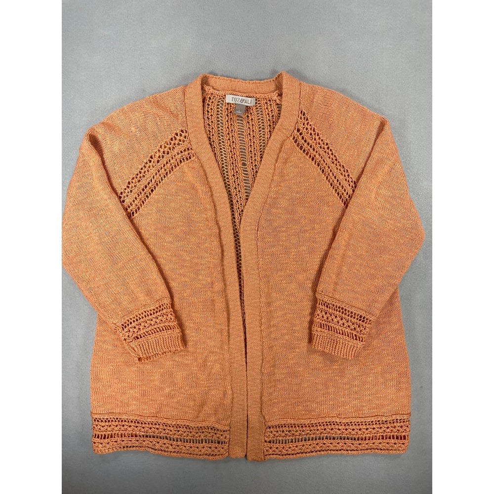 Roz & Ali Womens Cardigan Open Front Apricot Orange Pointelle Knit Large